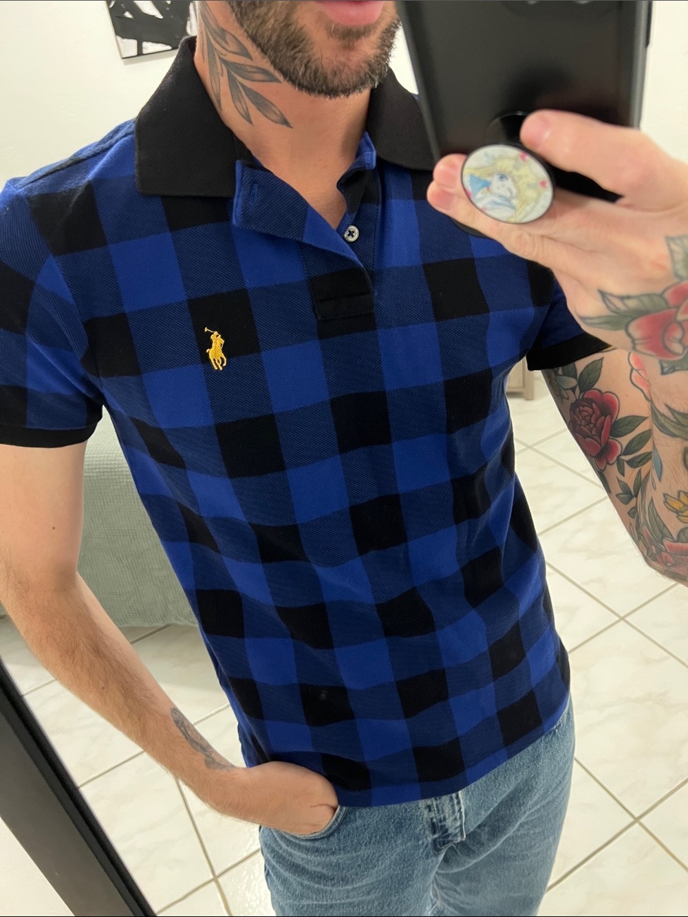 Polo by Ralph Lauren Blue & Black Buffalo Check Polo with Yellow Pony